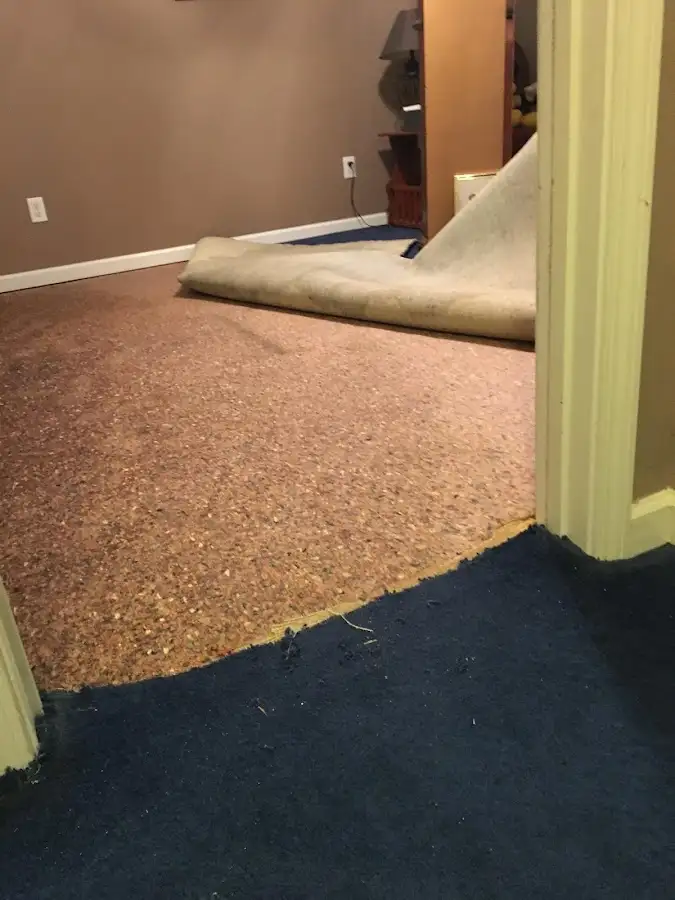 Carpet pad removal revealing water damage during Drying & Dehumidification in Amory